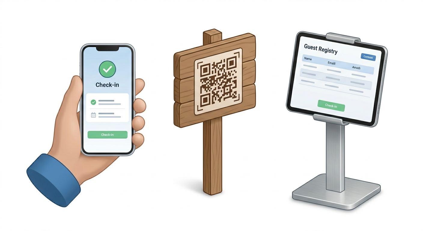 Drei-Schritt Check-in Prozess in Alooa: Buchungslink versenden, digitales Meldeformular ausfüllen, Eincheckbestätigung erhalten